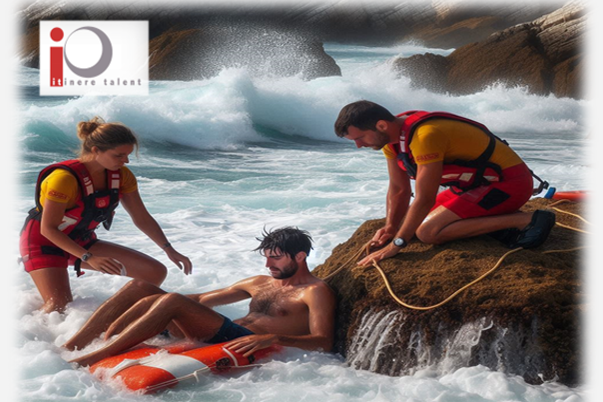 Logotipo de Itinere Talent. dos socorristas, un varón de 30 años y una mujer de 2o, están atendiendo a un bañista que acaban de rescatar de unas rocas bañadas por olas de mar muy fuertes.