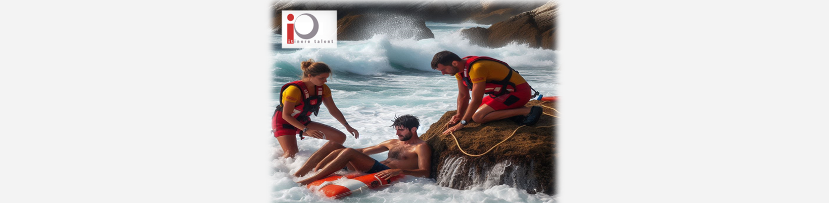 Logotipo de Itinere Talent. dos socorristas, un varón de 30 años y una mujer de 2o, están atendiendo a un bañista que acaban de rescatar de unas rocas bañadas por olas de mar muy fuertes.